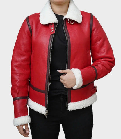 Women Shearling Sheepskin Red Leather Jacket