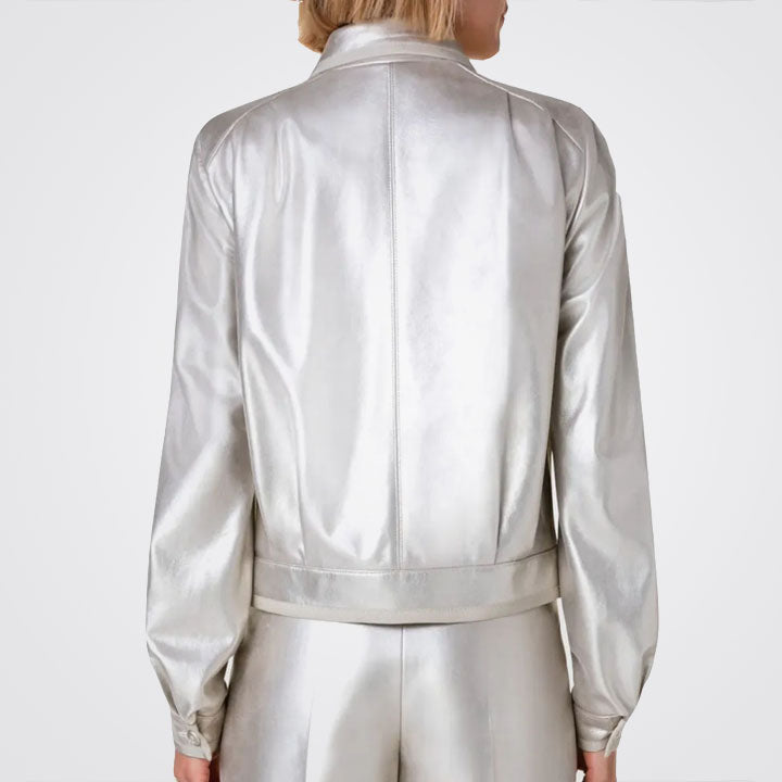 Women Silver Metallic Puffed Sleeve Leather Shirt