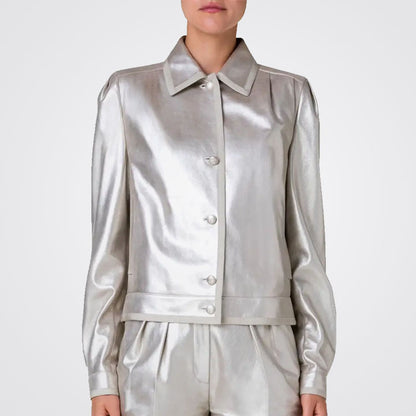 Women Silver Metallic Puffed Sleeve Leather Shirt