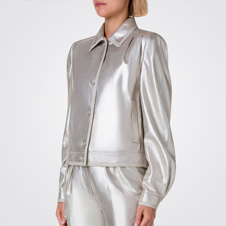 Women Silver Metallic Puffed Sleeve Leather Shirt