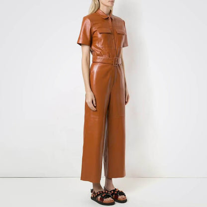 Women Tan Genuine Lambskin Leather Belted Jumpsuit