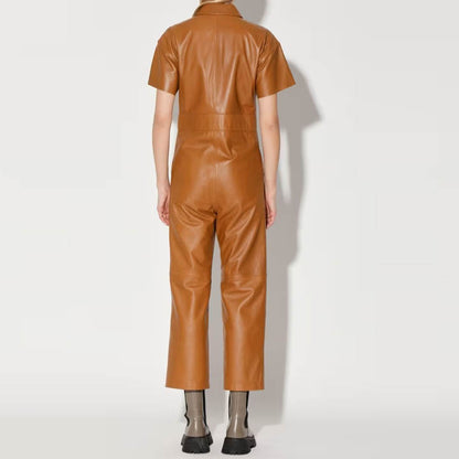 Women Tan Leather Jumpsuit in Half Sleeves