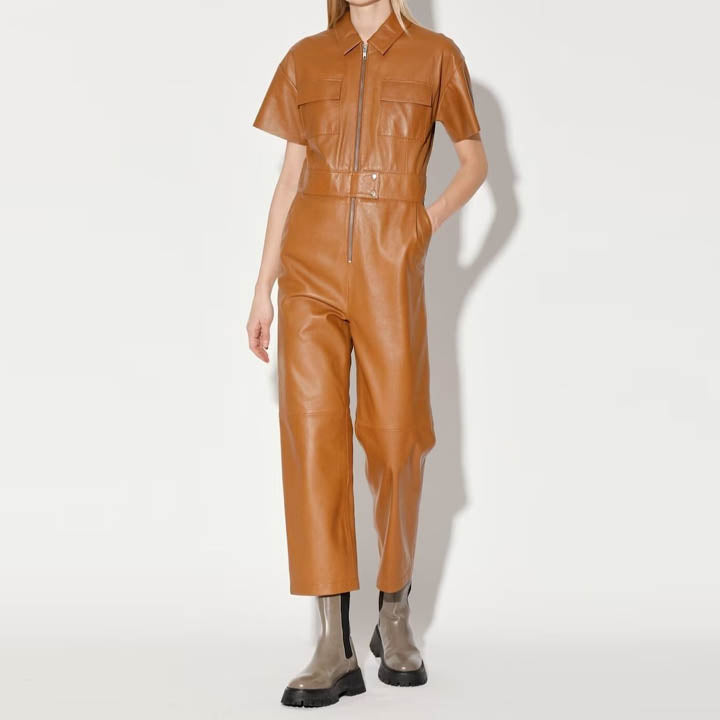 Women Tan Leather Jumpsuit