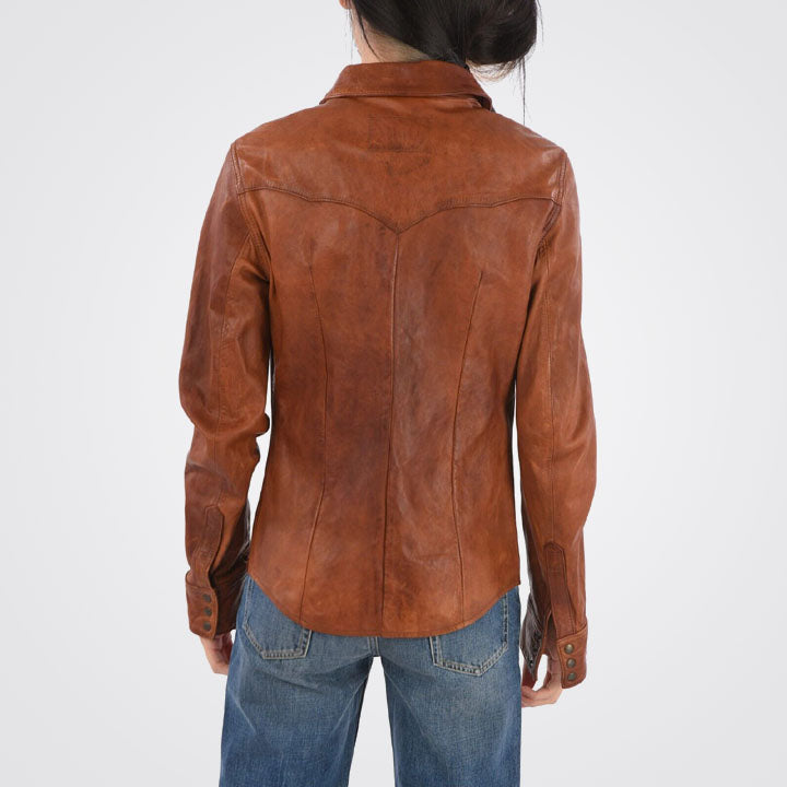 Women Waxed Brown Real Sheepskin Button Up Leather Shirt