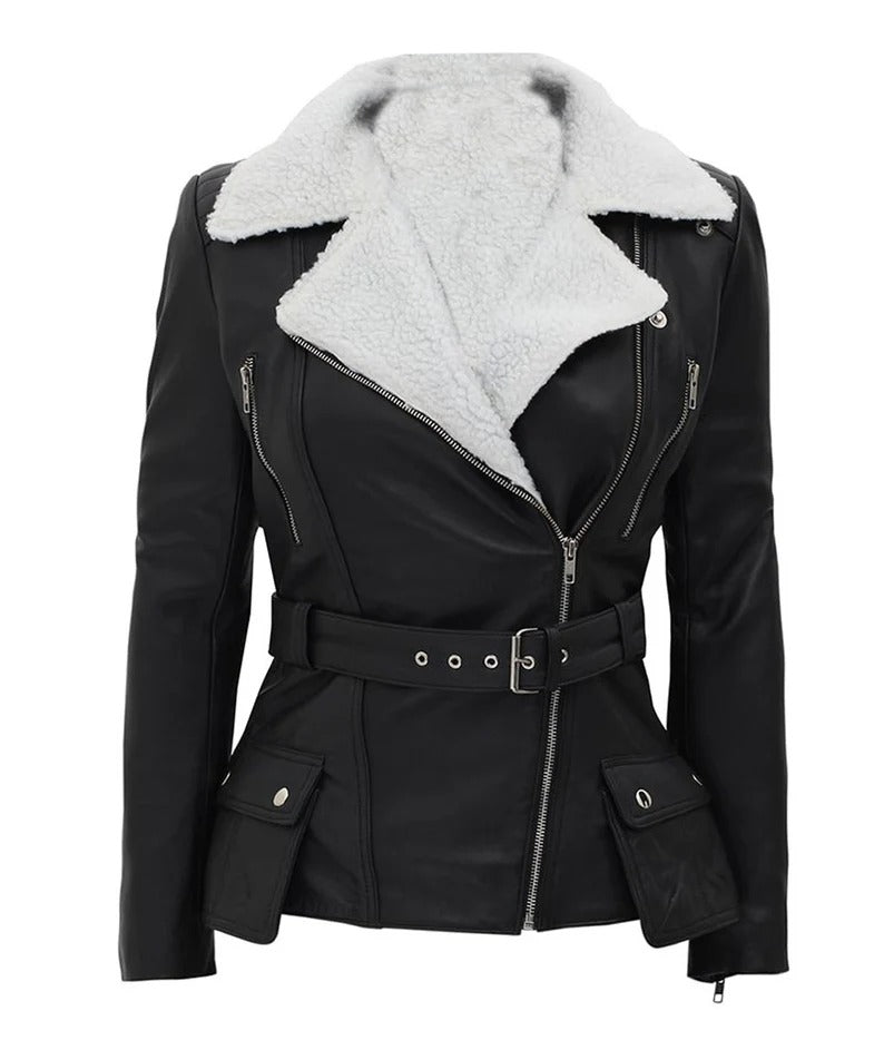 Women's Belted Shearling Sheepskin Leather Jacket - Fur Jacket