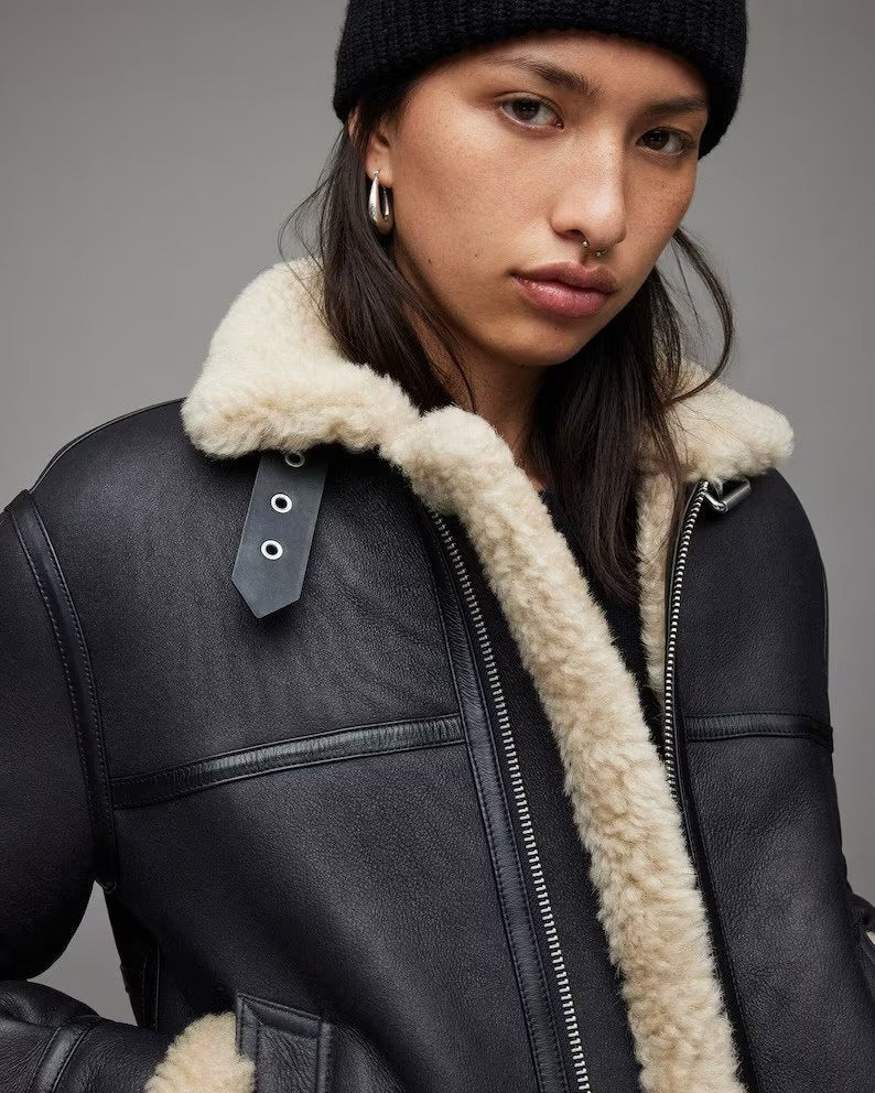 Women's Black B3 Shearling Sheepskin Leather Jacket