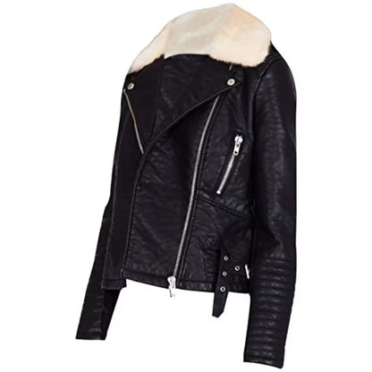 Women's Black Genuine Leather B3 Fur Collar Shearling Bomber Jacket