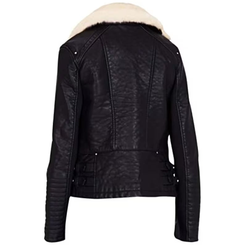 Women's Black Genuine Leather B3 Fur Collar Shearling Bomber Jacket