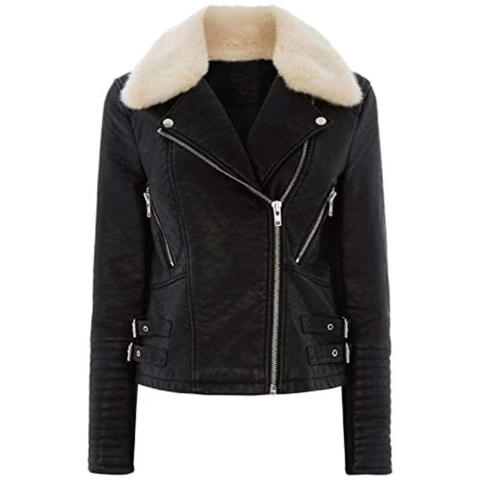 Women's Black Genuine Leather B3 Fur Collar Shearling Bomber Jacket