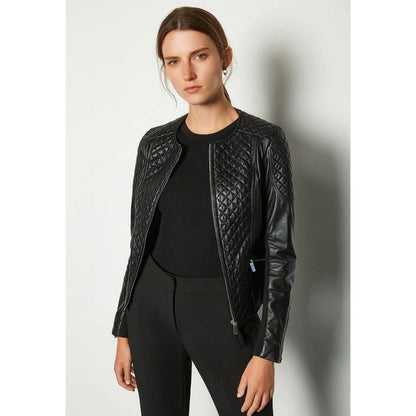 Women's Black Leather Biker Jacket with Crew Neck