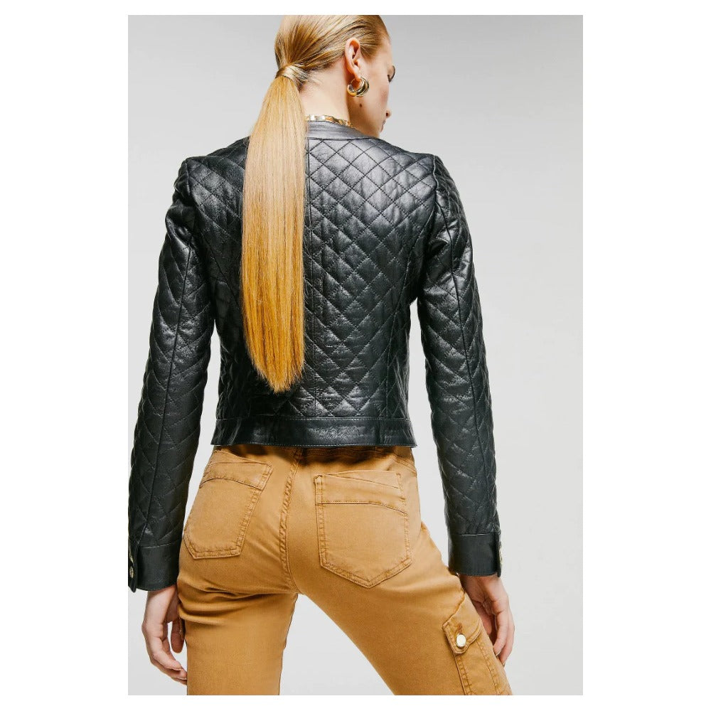 Women's Black Leather Jacket with Golden Buttons