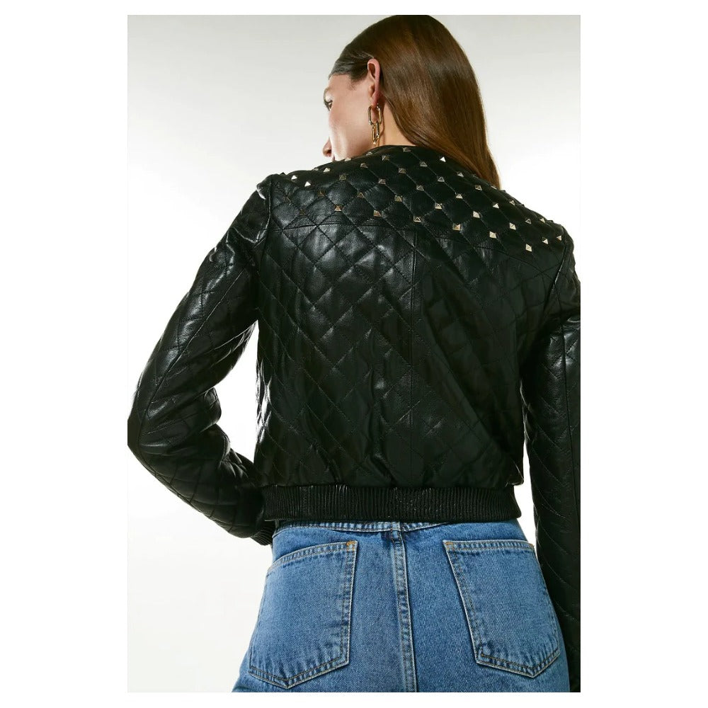 Women’s Black Leather Studded Bomber Jacket