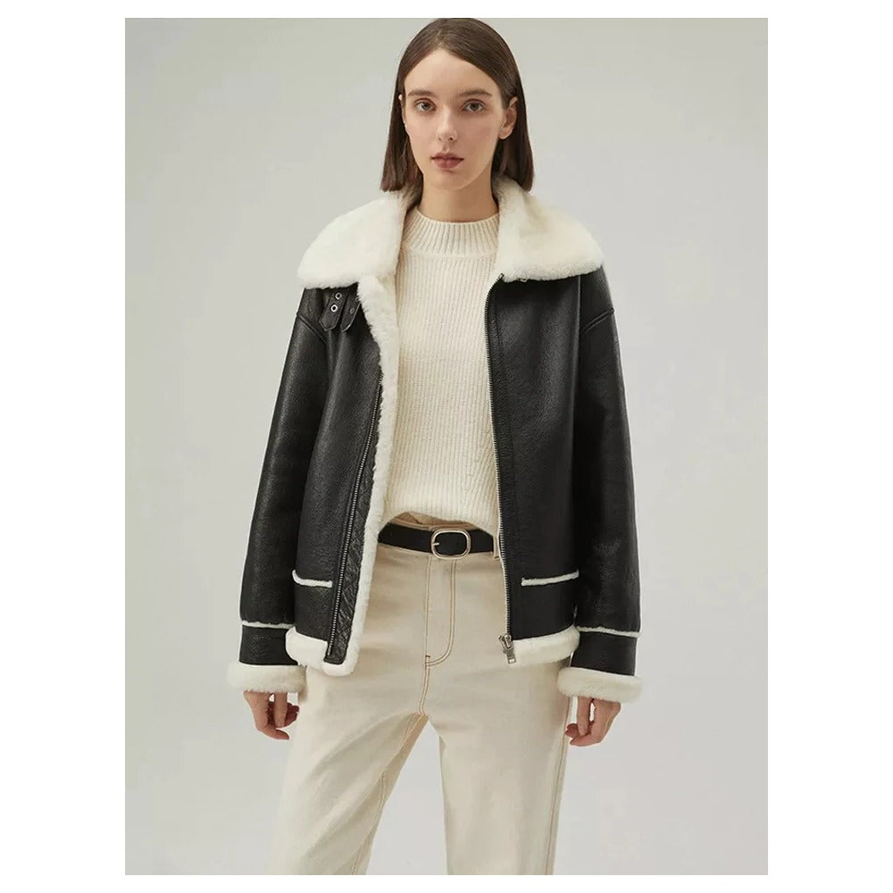 Women’s Black Leather White Shearling Collar Fur Jacket