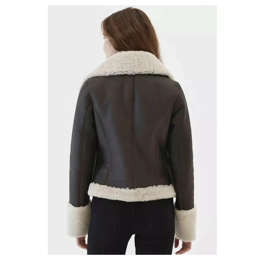 Women’s Black Leather White Shearling Fur Collar Jacket