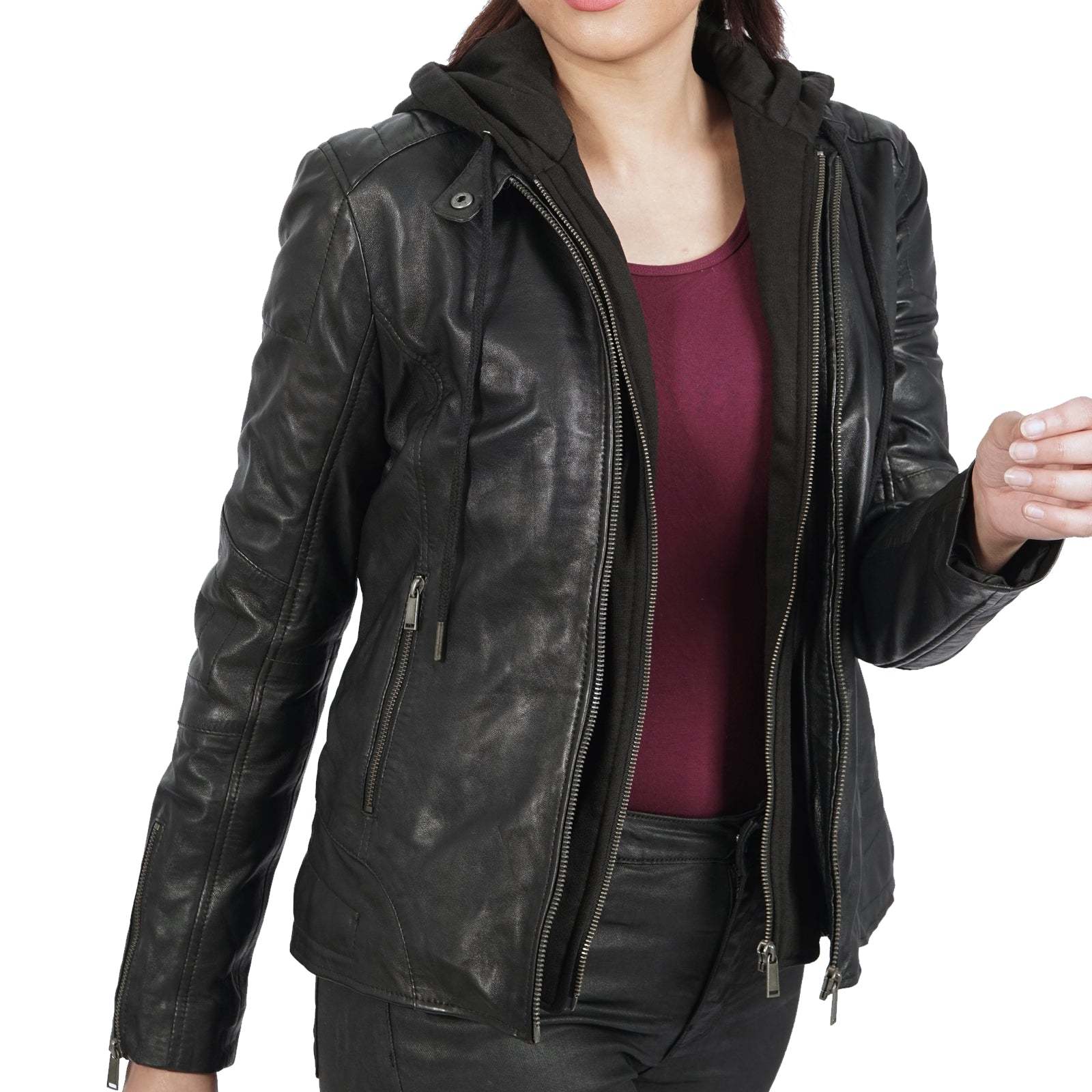 Women's Black Real Leather Biker Jacket with Hood