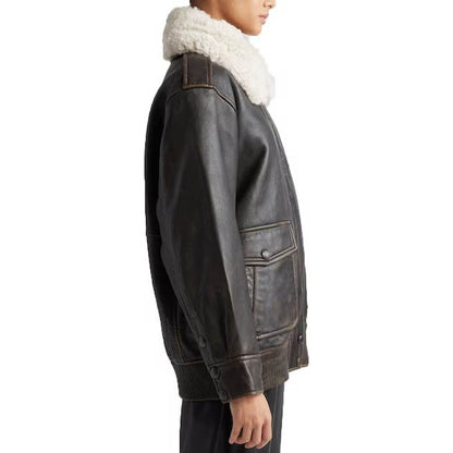 Women's Black Shearling Collar Winter Coat - Faux Fur Aviator Jacket