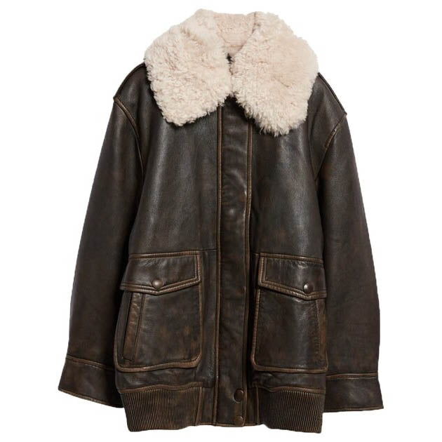 Women's Black Shearling Collar Winter Coat - Faux Fur Aviator Jacket