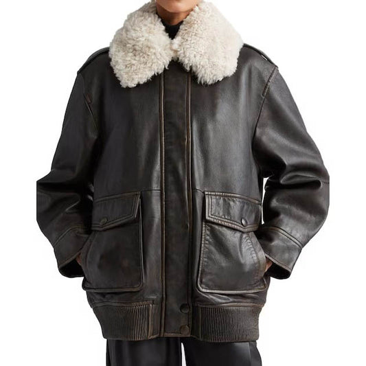 Women's Black Faux Fur Aviator Jacket - Leather Jacket with Fur