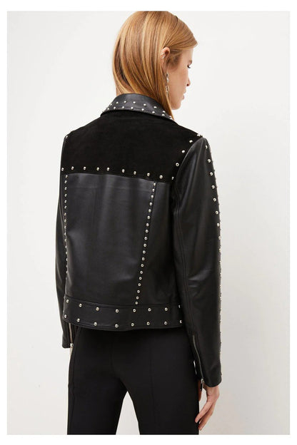 Chic Women's Black Silver Spiked Studded Motorcycle Leather Jacket