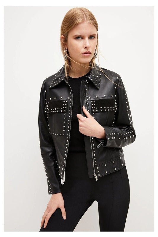 Bold Style: Black Silver Spiked Studded Women's Biker Jacket