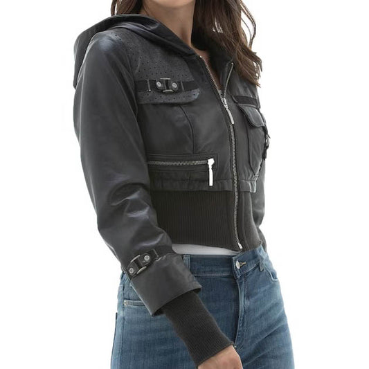 Women's Black Slim Fit Biker Leather Jacket - Cropped Jacket