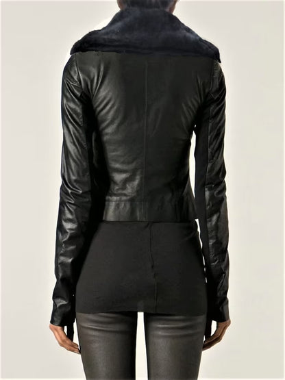 Women's Black Wide Collar Shearling Motorbike Leather Jacket