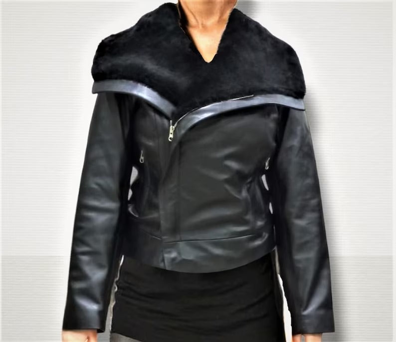 Women's Black Wide Collar Shearling Motorbike Leather Jacket