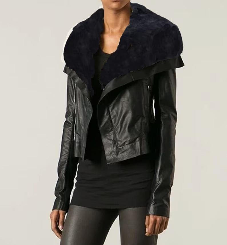 Women's Black Wide Collar Shearling Motorbike Leather Jacket