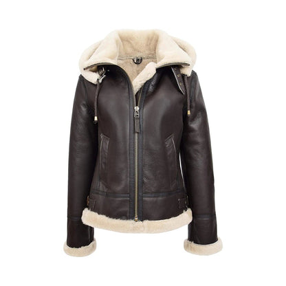 Women's Brown Hooded Shearling B3 Pilot Aviator Jacket