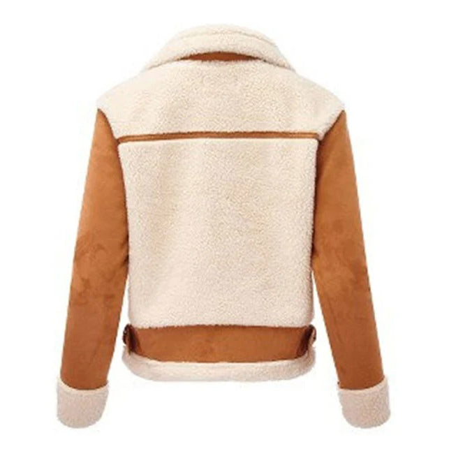 Women's Brown Sheepskin Biker Jacket with Fur Collar