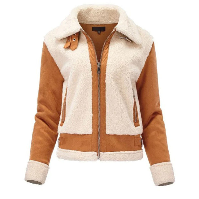 Women's Brown Sheepskin Biker Jacket with Fur Collar