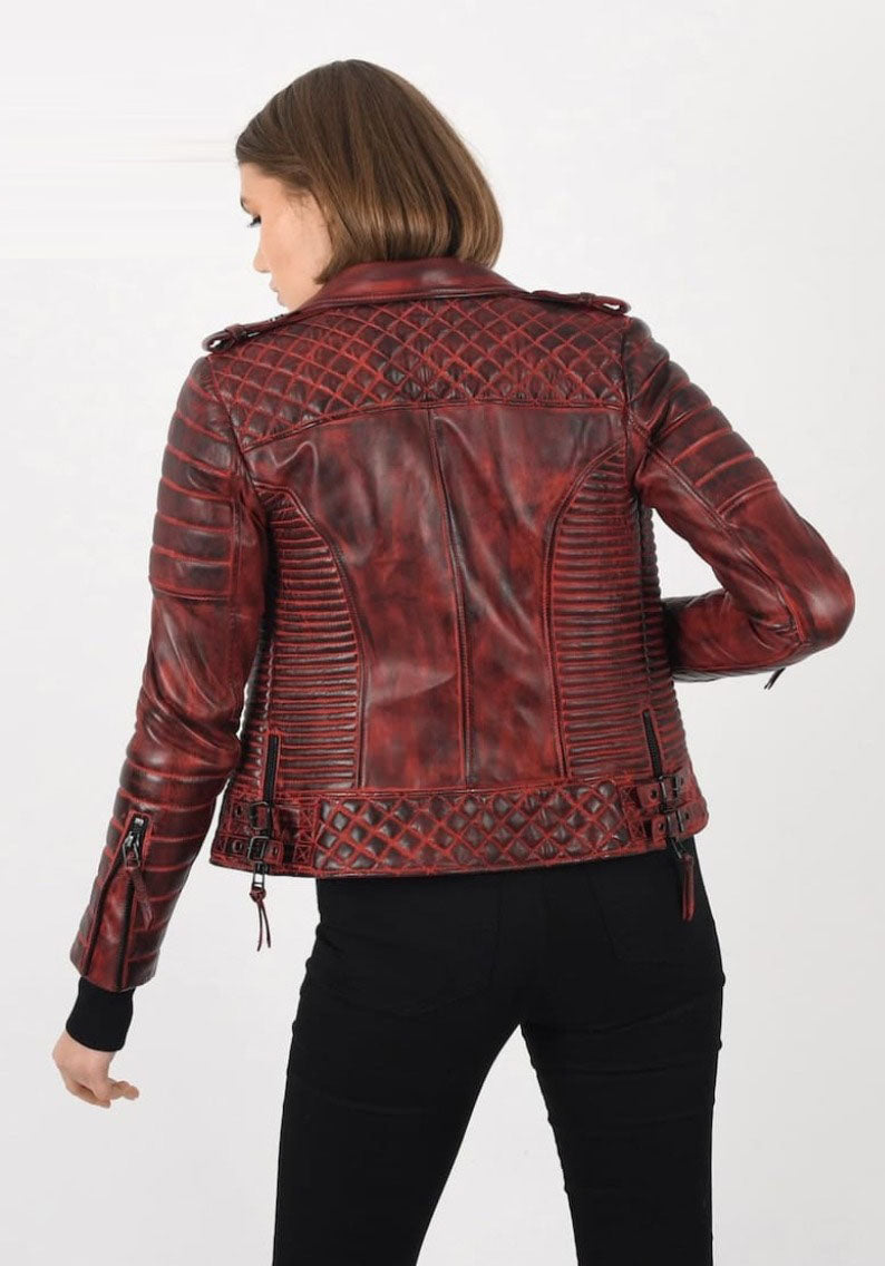 Women’s Burnt Red lambskin Leather Biker Jacket