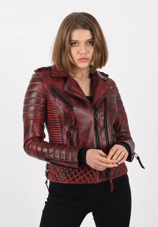 Women’s Burnt Red lambskin Leather Biker Jacket