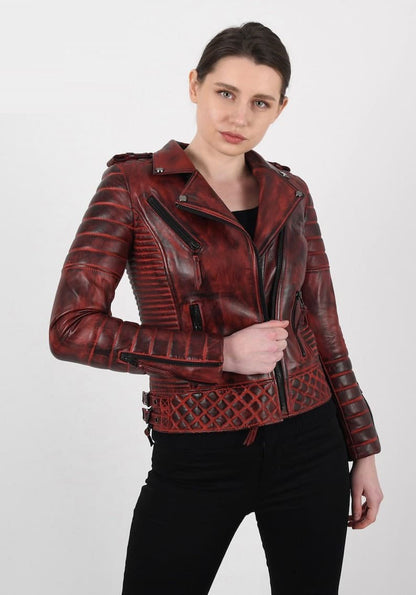 Women’s Burnt Red lambskin Leather Biker Jacket