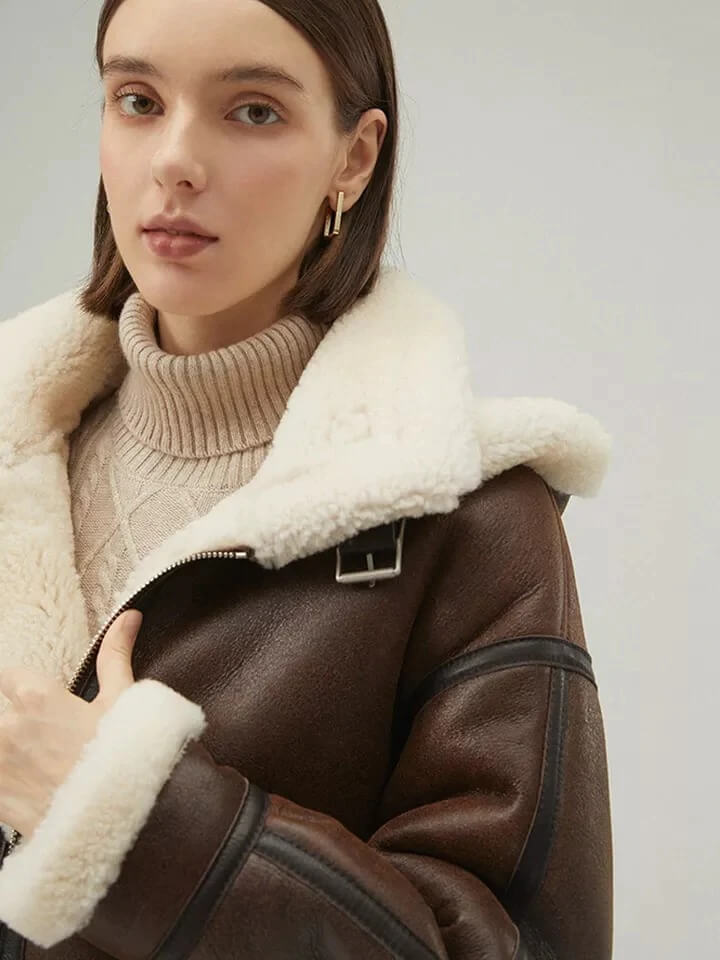 Women's Chocolate Brown Shearling Coat with Removable Hood