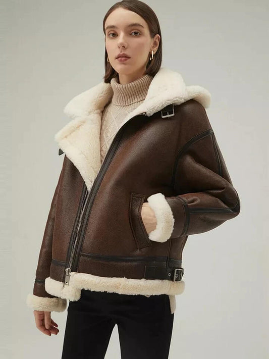 Women's Chocolate Brown Shearling Coat with Removable Hood