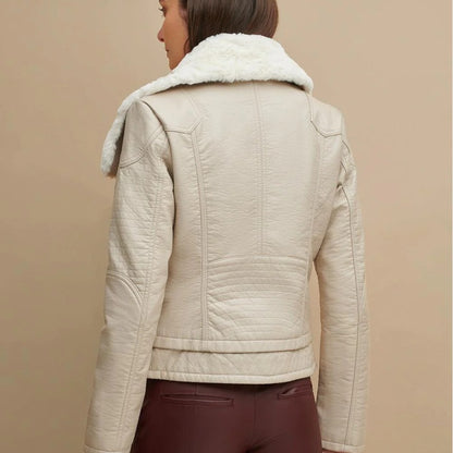 Women's Cream Beige Leather Shearling Big Collared Jacket