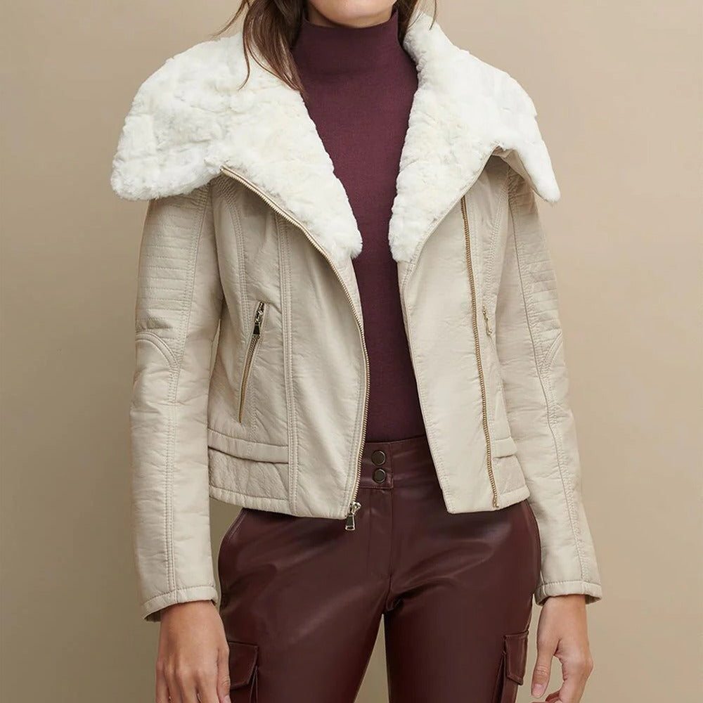 Women's Cream Beige Leather Shearling Big Collared Jacket