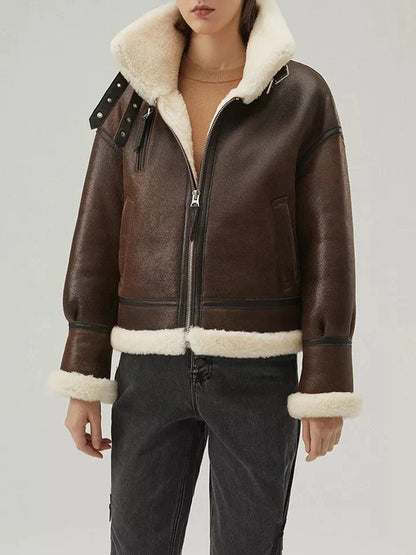 Women’s Dark Brown Leather Shearling Coat Jacket