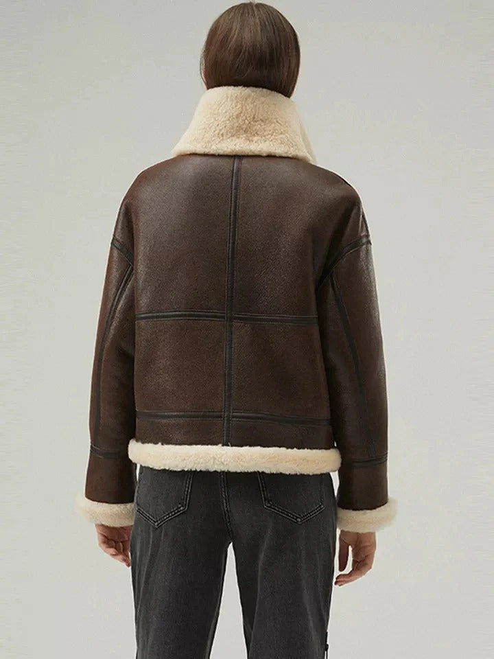 Women’s Dark Brown Leather Shearling Coat Jacket