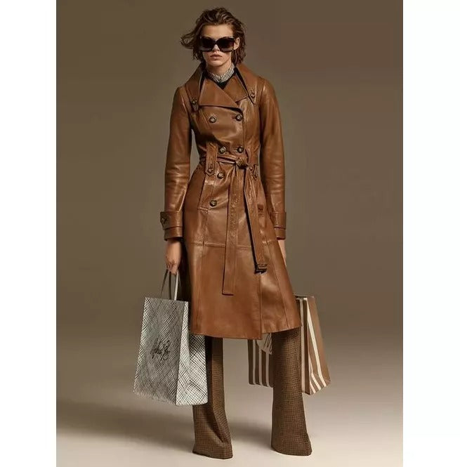 Women's Brown Designer Long Unique Style Leather Coat