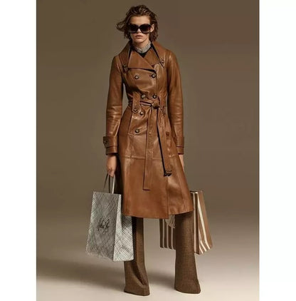 Women's Brown Designer Long Unique Style Leather Coat