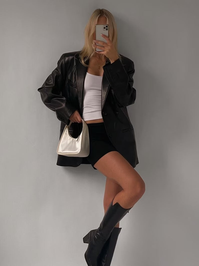 Women's Genuine Black Lambskin Leather Blazer Coat