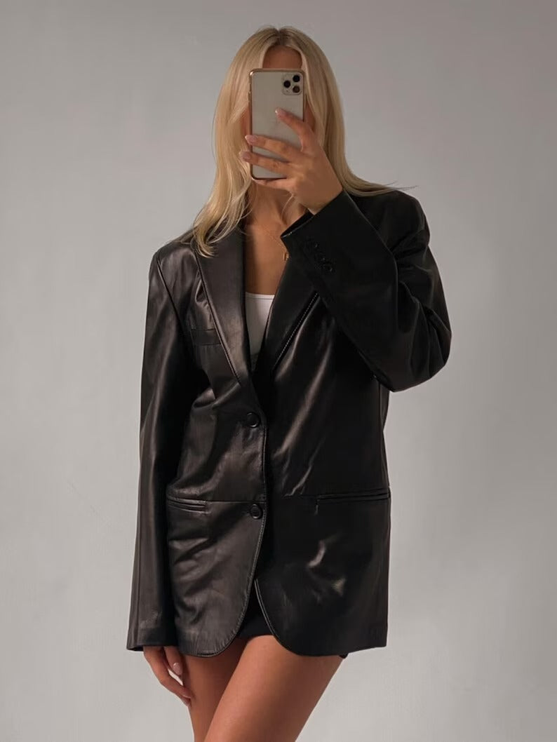 Women's Genuine Black Lambskin Leather Blazer Coat