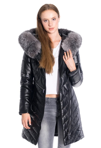 Women's Genuine Lamb Leather Hooded Fur Winter Coat