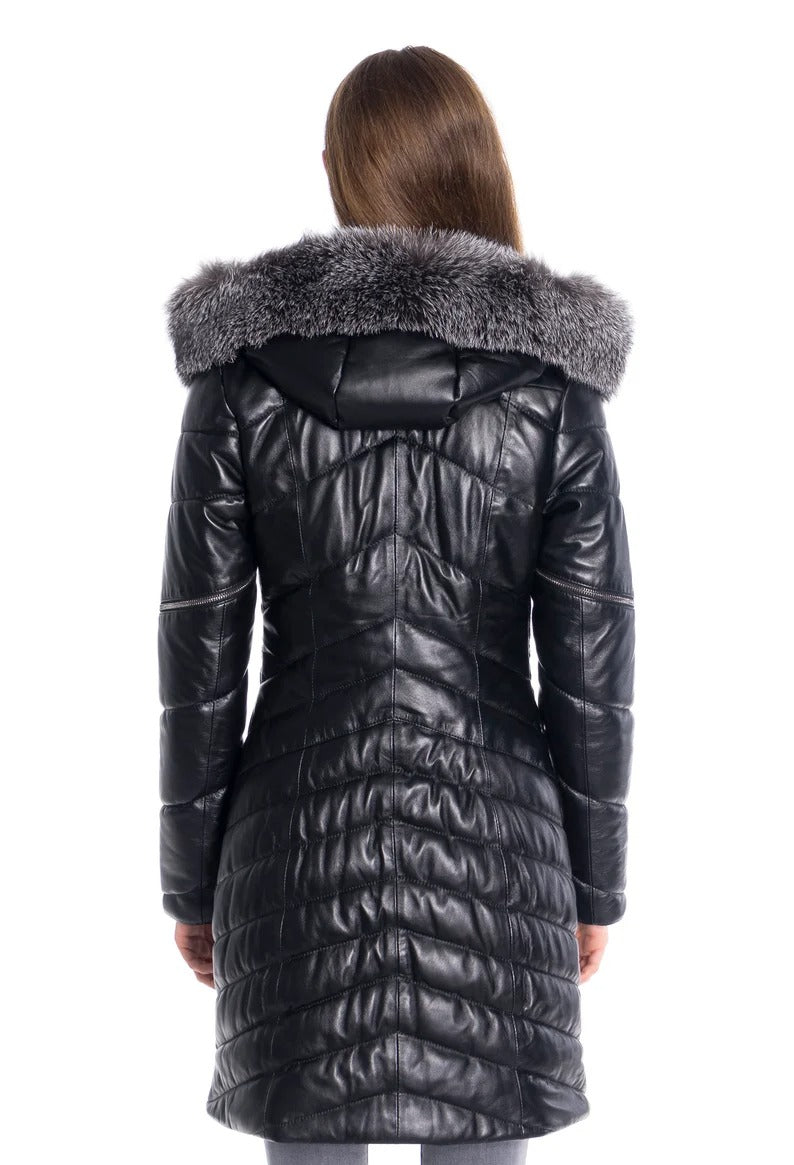 Women's Genuine Lamb Leather Hooded Fur Winter Coat