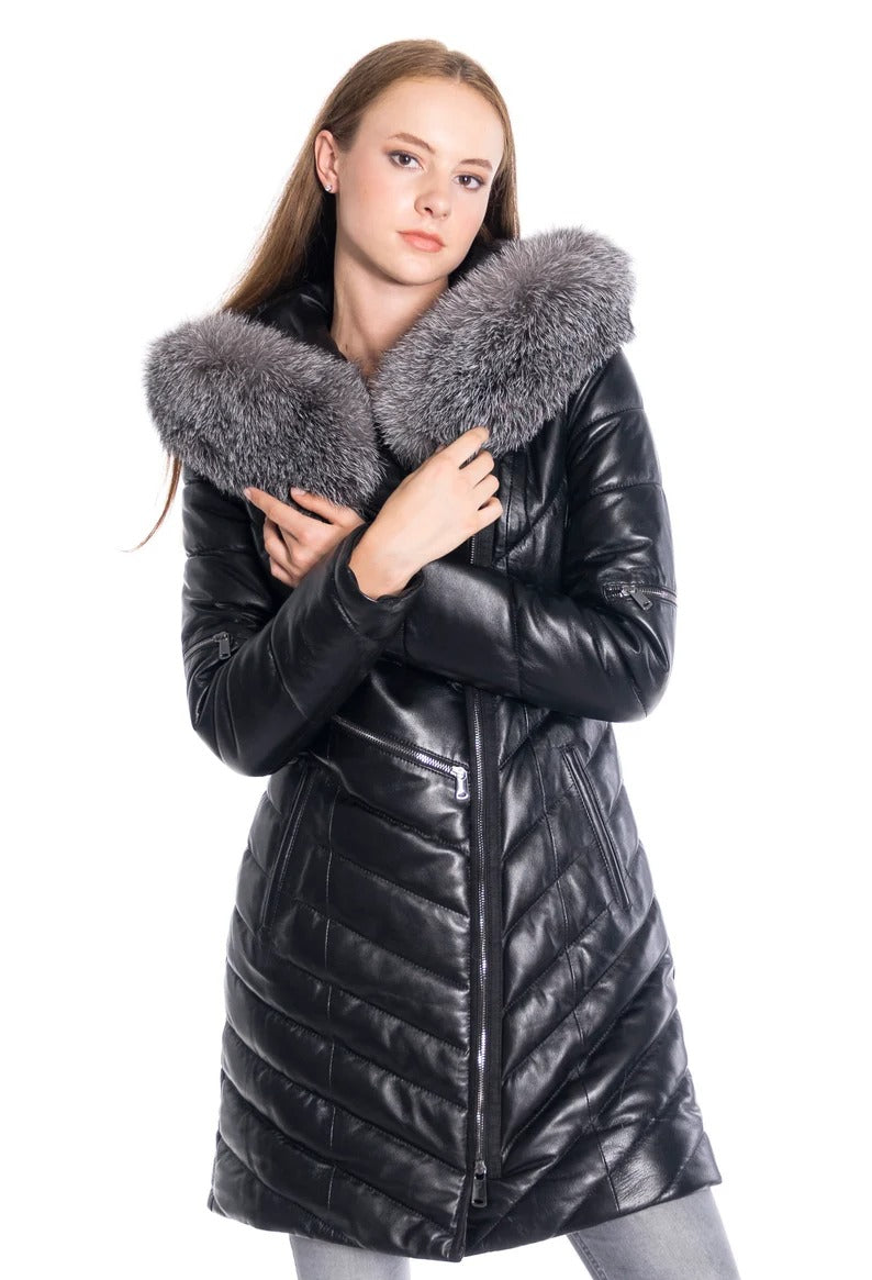 Women's Genuine Lamb Leather Hooded Fur Winter Coat