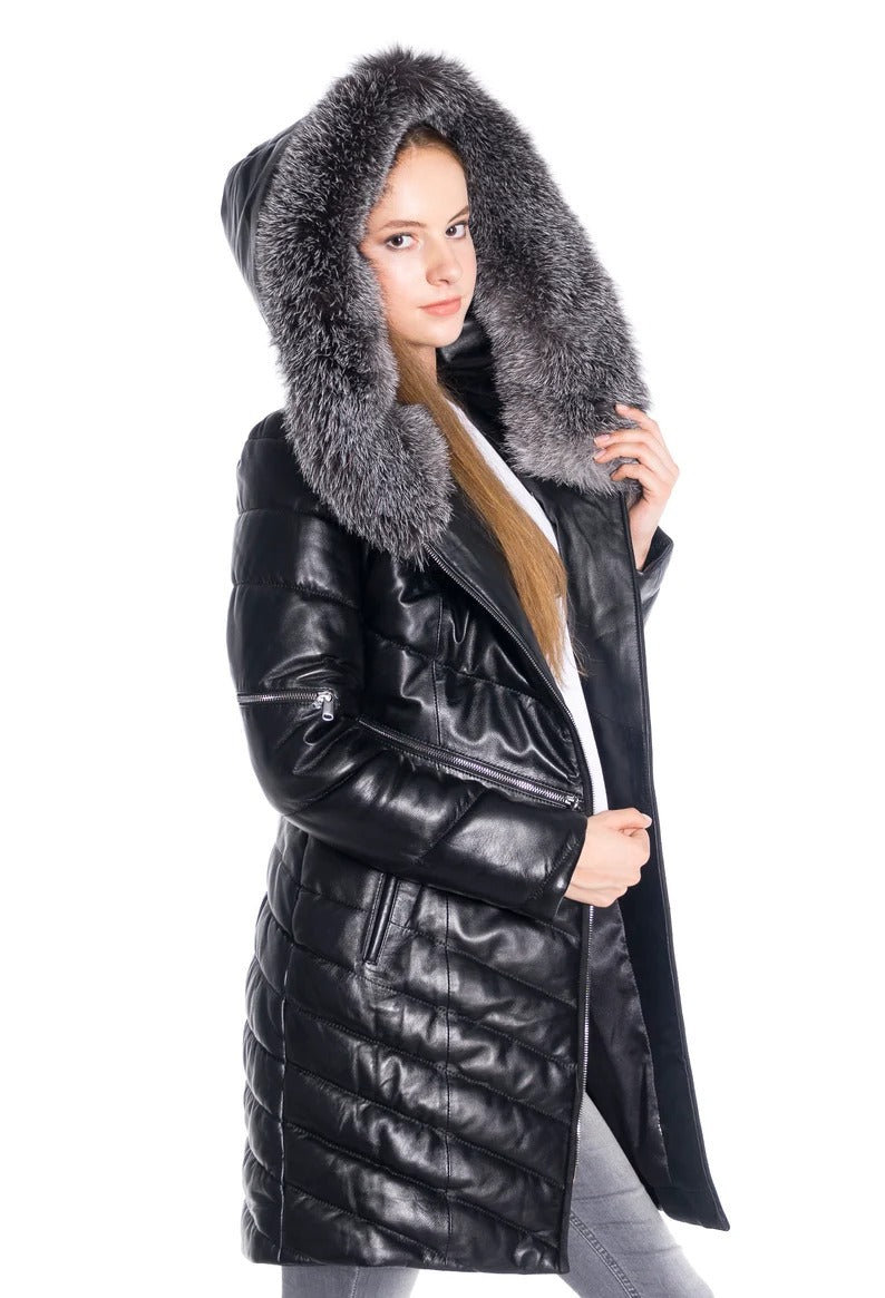 Women's Genuine Lamb Leather Hooded Fur Winter Coat