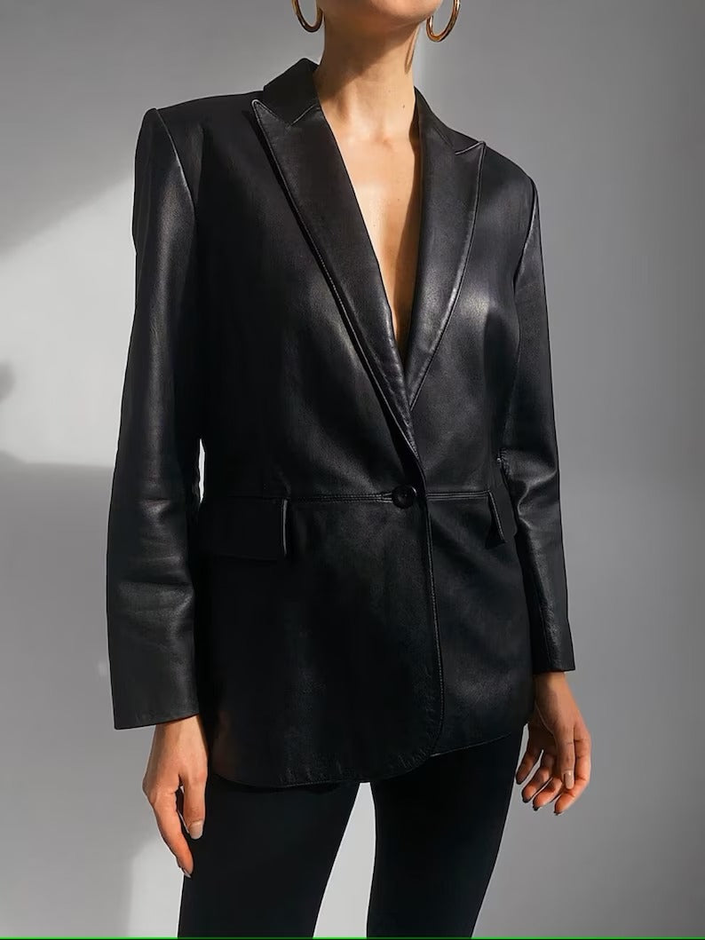 Women's Genuine Lambskin Black Leather Blazer Coat