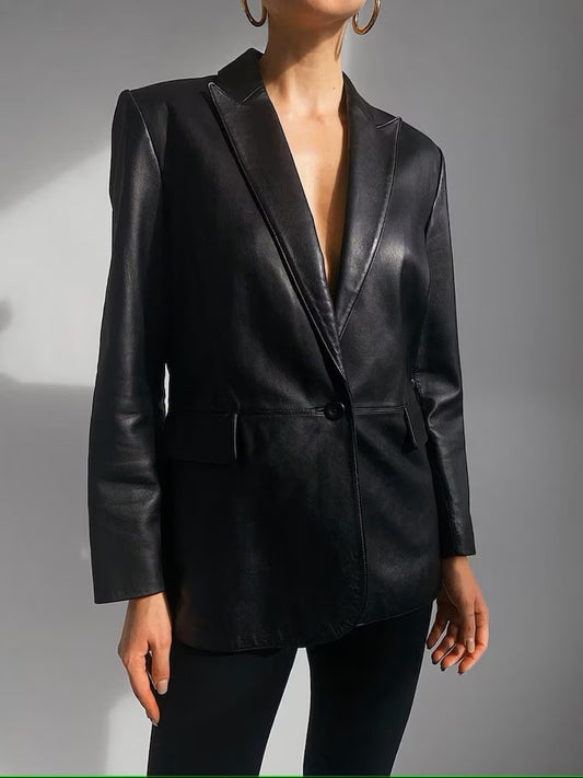 Women's Genuine Lambskin Black Leather Blazer Coat